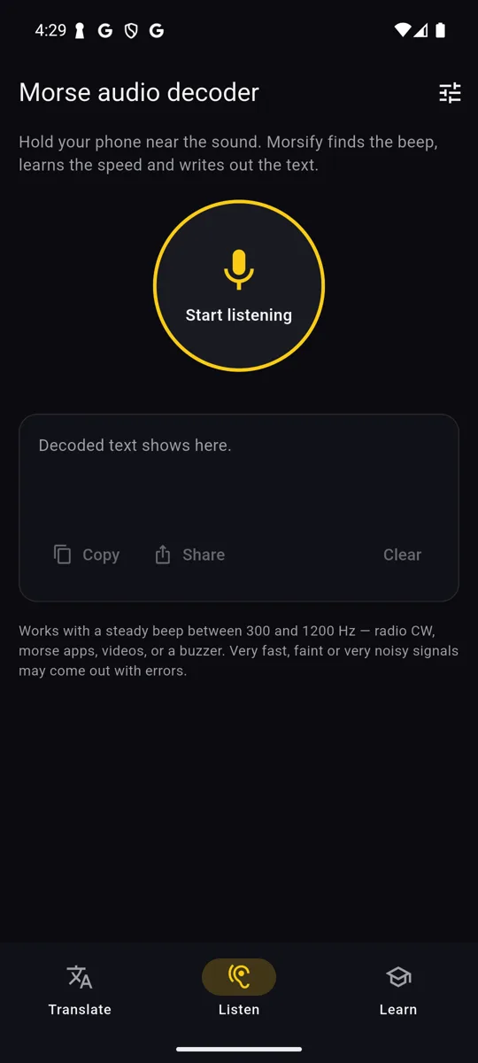 Morsify Android app: morse code audio decoder listening through the microphone