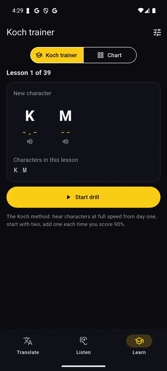Morsify Android app: Koch method morse code trainer, lesson 1 with K and M