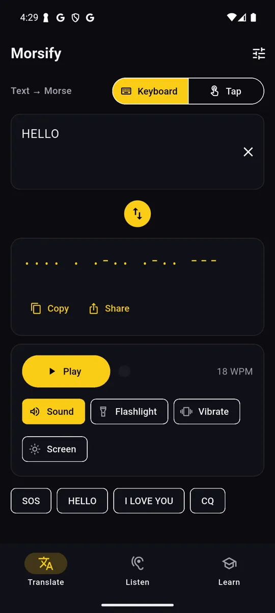 Morsify Android app: text to morse code translator with sound, flashlight and vibration